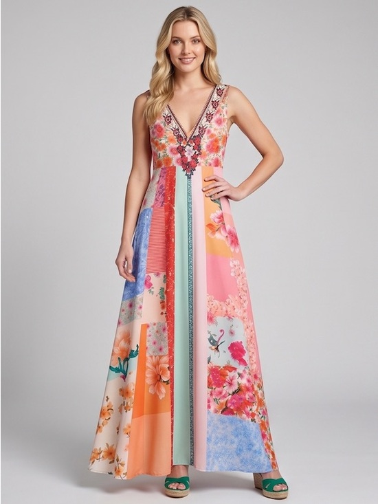 By Design Dresses & Skirts - Boho Patchwork Floral V-Neck Maxi Resort Dress